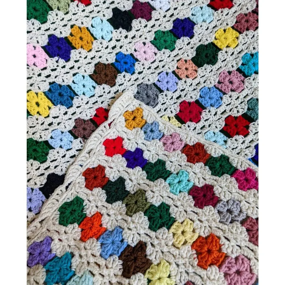 vintage 70s Cream RAINBOW Extra Large CROCHET AFGHAN hand knit blanket handmade